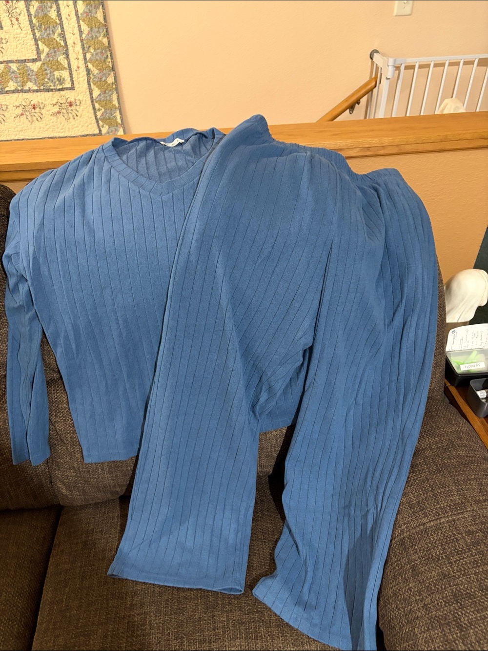 Blue Ribbed V-Neck, Wide Leg Loungewear Set
